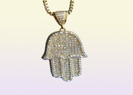 Boy Men Fatima Hamsa Hand Pendant Necklace Iced Out 5A Bling Cubic Zircon Thin Chain Hip Hop Gift Turkish Luck 6141851