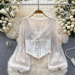 Women's Blouses 2024 Fashion Gorgeous Lace Chiffon Patchwork Shirt Top Women V-neck Puff Sleeves Slim Up Sweet Court Short