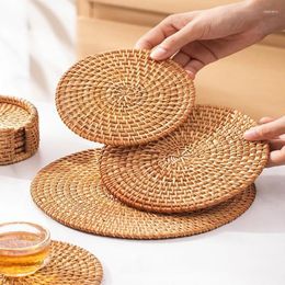 Table Mats Natural Rattan Cup Mat Hand Weave Round Coasters Anti-scald Heat-resistant Bowl Plates Placemats Kitchen Decoration Accessories