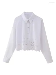 Women's Blouses Girls Single Breasted Long Sleeve 2024 Casual White Tops Fashion Hollow Out Embroidery Summer Short Shirts