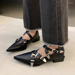 Dress Shoes Pointed Toe Women Pumps 2024 Arrivals Belt Buckle Thick Low Heels Black Beige Office Paty Woman Cross Tied