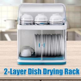 Kitchen Storage 2 Tier Dish Drying Rack Counter Organizer With Drainboard And Utensil Holders Carbon Steel Dishes Drainer Set