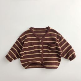 Spring Autumn Boy Girl Children Retro Striped Knitted Cardigan V-neck Sweater Kid Pockets Casual Tops Coat Baby All-match Jacket