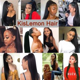 Straight Wrap Around Ponytail Extensions Human Hair 16 To 26 Inches Remy Brazilian Hair Clip In Natural Black Colour Hairpiece