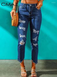 Women's Jeans CMAZ Blue Ripped Ankle-Length Skinny Denim Pants 2024 Summer High Waisted Slim Pencil Pant Streetwear For Woman LC78600