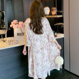 Twinset Print Robe Set Women Lace Kimono Sleepwear Nightgown Lingerie Summer Satin Nightwear Bathrobe Gown Suit Loungewear