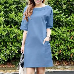 Casual Dresses Women Solid Colour Dress Elegant Round Neck Half Sleeve Vintage Loose Fit With Pockets For O-neck