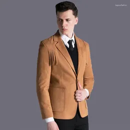 Men's Suits Lu Suede Mens Blazer Luxury One Button Solid Slim Fit Tassel Men High Quality Europe Vintage Prom Blazers