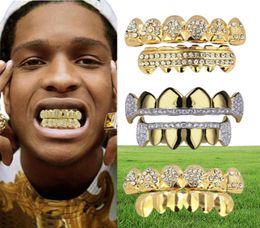 18K Real Gold Punk Hiphop CZ Zircon Poker Letters Vampire Teeth Fang Grillz Diamond Grills Braces Tooth Cap Rapper Jewelry for Cos8533321