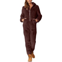 Women's Plush Romper Onesies Autumn Winter Flannel Pyjamas Sleepwear Zipper Hooded Keep Warm Fluffy Fleece Jumpsuits Homewear