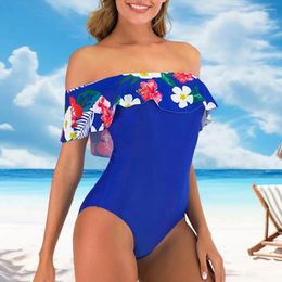 Women's Swimwear One-piece Swimsuit Floral Print Off Shoulder Monokini With Trim For S-shaped Figure Quick Drying