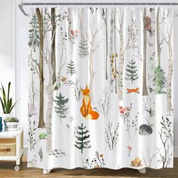Winter Forest Shower Curtains Watercolour Trees Plants Fox Squirrel Funny Animals Fabric Cloth Bathroom Curtain Decor With Hooks