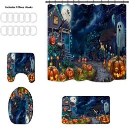 Halloween Castle In Night Pumpkin Lamp All Saints Day Shower Curtain Toilet Lid Cover And Bath Mat