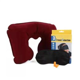 3pcs/set Travel U-shaped Pillow Soundproof Earplugs Blackout Eye Mask Car Tourism PVC Flocking Inflatable Pillow Home Outdoor