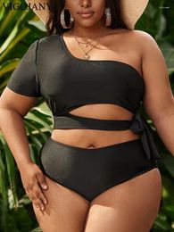 Women's Swimwear VigoJany 2024 Black One Shoulder 2 Piece Plus Size Bikini Women Short Sleeve Push Up Large Swimsuit Hollow Chubby Bathing