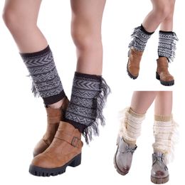 Women Boho Boot Cuffs Toppers Side Fringed Knit Striped Short Socks Leg Warmers
