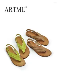 Sandals Artmu Original Flip Flops Women Leaf Design Genuine Leather 2024 Beach Flats Slides Luxury Hook Loop Shoes