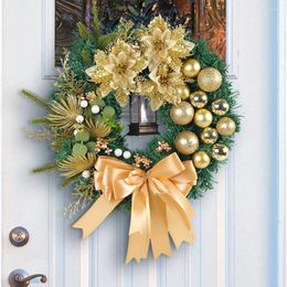 Decorative Flowers Golden Christmas Ball Pine Needle Wreath 2024 Simulated Garland Window Rattan Door Hanging Decoration