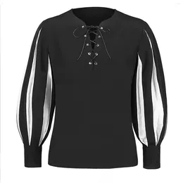 Men's T Shirts Mens Mediaeval V-Neck Criss Cross Drawstring Long Sleeve Loose Fit Elegant Top Clothes Summer Vintage Streetwear Garment