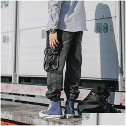 Mens Jeans Japanese Fashion Men Loose Fit Black Grey Big Pocket Cargo Pants Vintage Designer Streetwear Hip Hop Joggers279Y Drop Deliv Otu1R