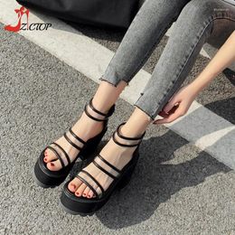 Dress Shoes Women's Heeled Sandals Fashion Platform Thick High Heels Summer Black Open Toe Zipper Ladies Roman