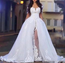 Elegant Wedding Dresses with Overskirt Off the Shoulder Long Sleeve Lace Bridal Gowns with Detachable Train6433348