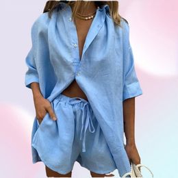 Women039s Tracksuits Women Lounge Wear Shorts Set Short Sleeve Shirt Tops And Loose Mini Suit Two Piece Cotton Linen Summer Tra6435931