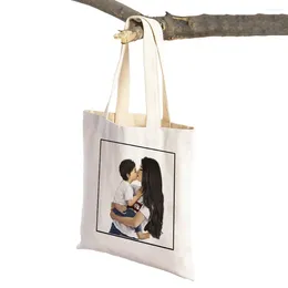 Shopping Bags Fashion Super Mom And Baby Lady Cartoon Print Reusable Foldable Casual Canvas Cloth Women Shopper Bag Tote Handbag