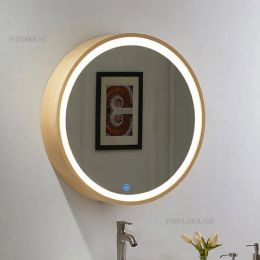 Nordic Solid Wood Home Furniture Bathroom Mirror Cabinets Small Apartment Wall Hanging Round Vanity Mirrors with Storage Shelf B