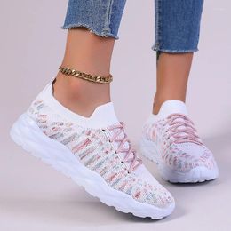 Casual Shoes Women's Mix Colours Elastic Knitting Sneakers 2024 Autumn Breathable Flats Woman Thick Sole Lace Up Walking 43