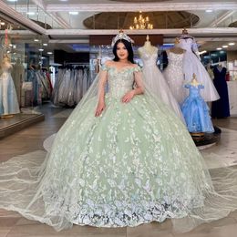 Mint Green Quinceanera Dresses Sequined Lace Beading Bow Shiny Crystal Ball Gown Off The Shoulder Corset Vestidos De 15 Anos