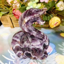 Decorative Figurines Natural Dream Amethyst Snake Animal Statue Crystal Crafts Healing Gemstone Fengshui Carving Gift 1pcs