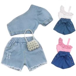 Shorts 2021 Baby Summer Clothing Girl Two Piece Set, Kid Single Shoulder Crop Tops Shirt Ripped Denim Shorts with Pockets for Children