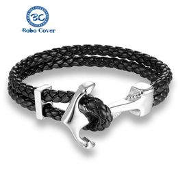 Genuine Black Leather Couple Bracelet Stainless Steel Silvery White Anchor Charm Bracelet Men Fashion Bangle Lovers Jewellery Gift9344073