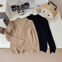 HTSU BABY Girls Solid Elastic Sweater Korean Half High Neck Long Sleeve Ruffled Pit Striped Knitted Tops Children's Clothing