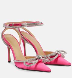 2024 Top Luxury Mach & Mach Women Sandals Shoes Double Bow Satin Crystal-embellished High Heels Silk-satin Point Toe Pumps Party Wedding Gladiator Sandalias