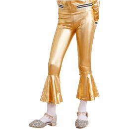 Pants Kids Girls Shiny Metallic Flared Long Pants Elastic High Waist Ruffle Bellbottom Pants Jazz Disco Stage Performance Trousers