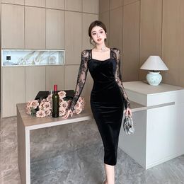 Sexy Lace Patchwork Dres 2024 Spring Summer Korean Square Collar High Waist Slim Fashion Casual Evening Dresses 240401