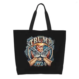 Shopping Bags Fashion Print Trump 2024 MAGA USA Flag Tote Bag Portable Canvas Shoulder Shopper Handbag