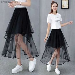 Skirts Spring Summer New Irregular Gauze Mesh Cake Skirt Femme Summer Mid-length High Waist A- Line Student Long Skirt Women Black