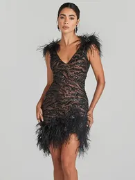 Casual Dresses Women Sexy V Neck Sequins Black Feather Mini Bodycon Stretch Dress 2024 Celebrity Elegant Evening Birthday Party Club
