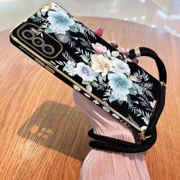 Coloured Jasmine Flowers Lanyard Plating Phone Case For Motorola Moto G60 G53 G30 G22 G52 G50 G42 E20 Plus G9 Play G8 Power Cover