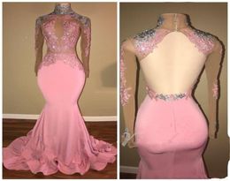 Blush pink Prom Dresses Mermaid long sleeve Applique Sequins Sexy Open Back Evening Gowns Robe de soriee Custom Made9590594