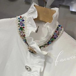 Women's Blouses Women Beads Diamonds Stitch Cotton Shirts & 2024 Spring Loose White Mid-length Tops Blusas Female Ropa De Mujer Ofertas