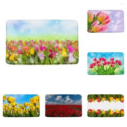 Bath Mats Rural Tulip Field Flowers Country Scenery Pink Floral Bathroom Decor Rugs Non Slip Absorb Water Indoor Outdoor Doormat