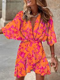 Basic Casual Dresses 2022 Women Batwing Slve V-Neck Party Dress Bohemian Fashion Print Beach Midi Dress Lady Elegant Lace-up Ruffle Office Coverup T240412