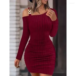 Casual Dresses Sexy Women Mini Dress Solid Metal Button Shoulder Slant Knitted Party Long Sleeve Hollow Out Skinny Hipster Slim
