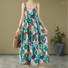 Casual Dresses Summer Floral Printed Vintage Backless Spaghetti Strap Dress Women Cotton Linen Long Camisole Thin Retro Loose