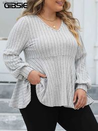 Women's T-Shirt GIBSIE Plus Size Long Sleeve Tops for Women Spring Fall V Neck Peplum Tee Shirt Female Casual Ribbed Knit T-Shirts Clothes 2023L2403