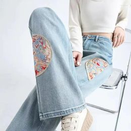 Women's Jeans Chinese Style Embroidery Denim Pants 2024 Spring Summer Women Graceful Thin Vintage Ethnic Trousers Female